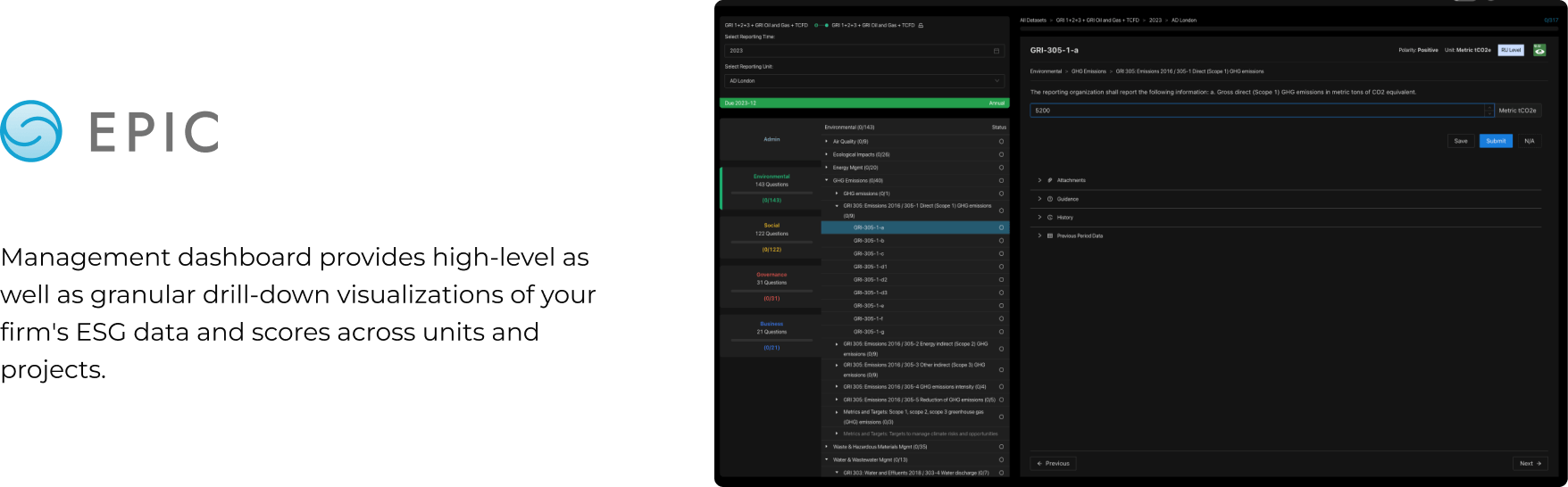 Management dashboard provides high-level as well as granular drill-down visualizations of your firm's ESG data and scores across units and projects.